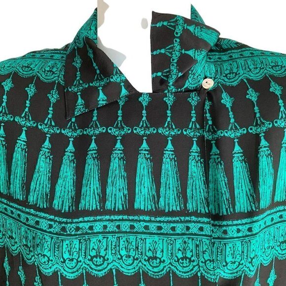 Ann May Blouse Silk Button Down Black Green Tassel Print Long Sleeve Medium - Picture 4 of 11
